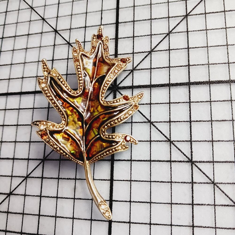 Brooch Pin VTG Liz Claiborne Gold Tone Leaf Enamel Rhinestone Autumn Amber Y2K